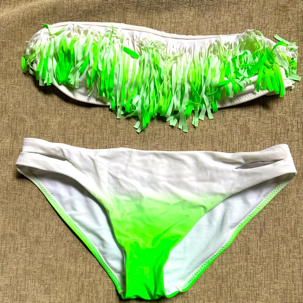 White and Green Fringe Bikini Set by Top Melon size medium but runs small